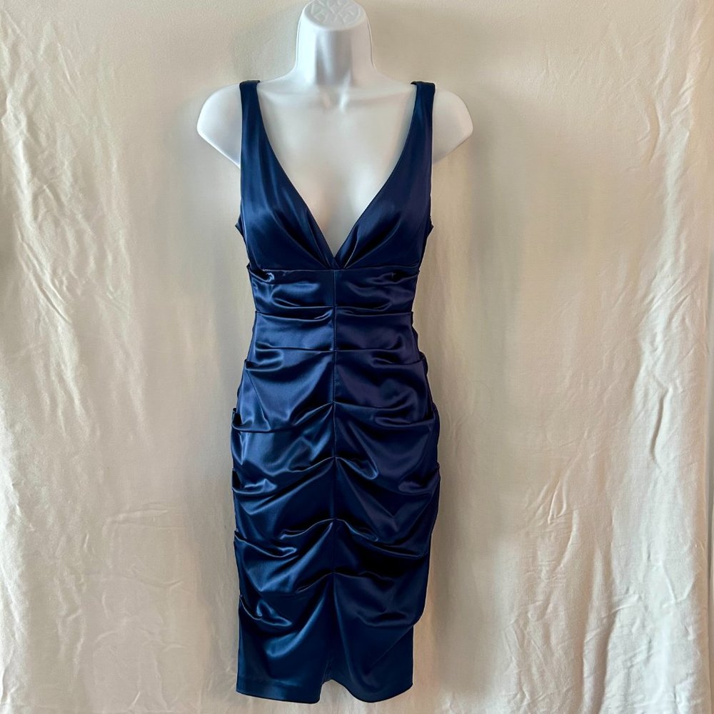 Xscape Navy Blue Size 4 Ruched Low-Cut Dress